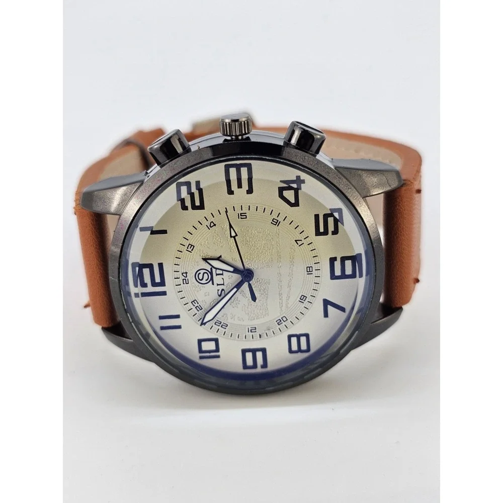 Men's Analog Watch 45MM Cream Dial Light Brown Faux Leather Bands New‎ Battery
